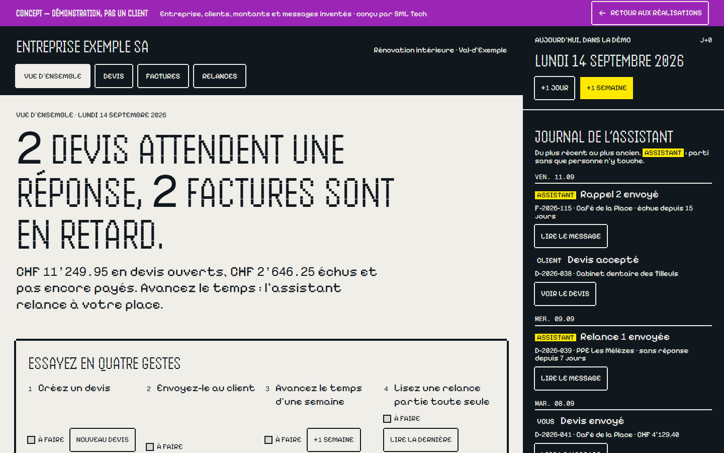 Capture d’écran de la démo « Un assistant de devis et de relances », avec son bandeau Concept.