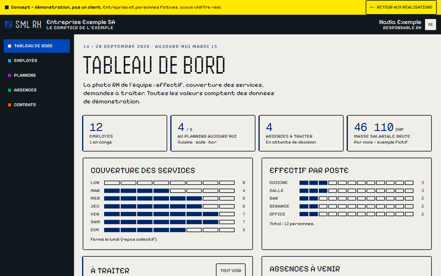 Capture d’écran de la démo « Un logiciel RH pour une équipe de restaurant », avec son bandeau Concept.